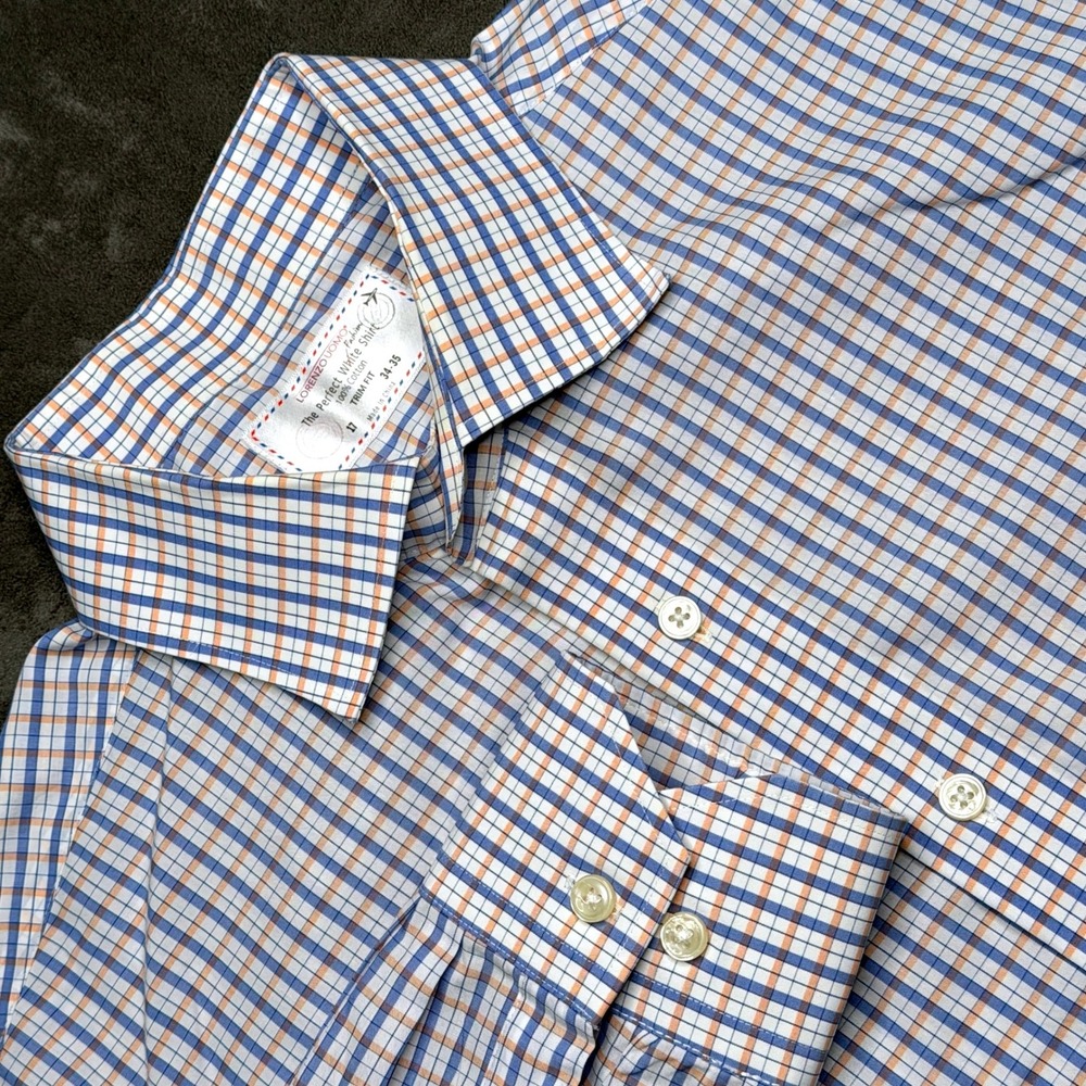 Lorenzo Uomo Trim Fit Plaid Dress Shirt Mens 17 34-35 Blue Orange 100% Cotton